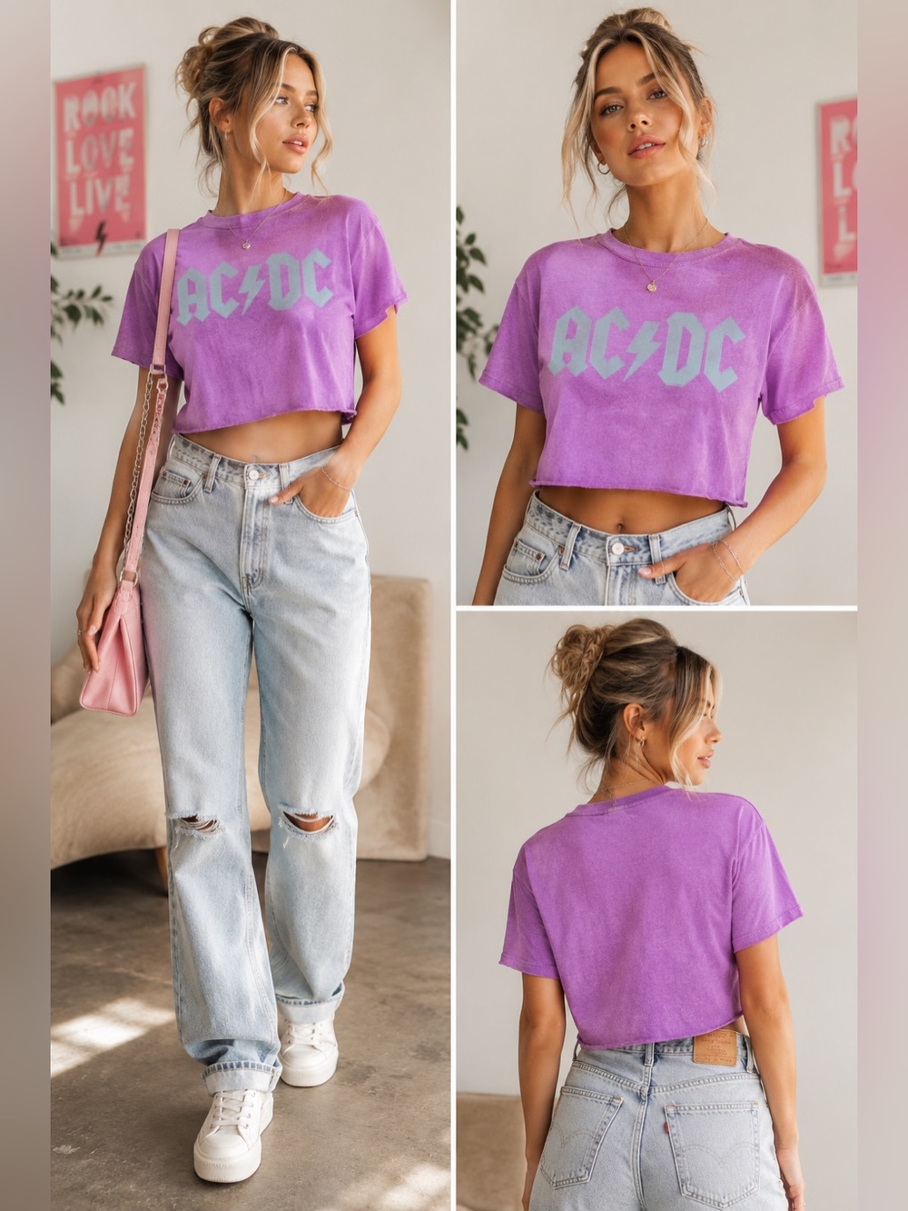 NWT AC/DC Purple Cropped Band Tee Graphic Rock T-Shirt Size Small